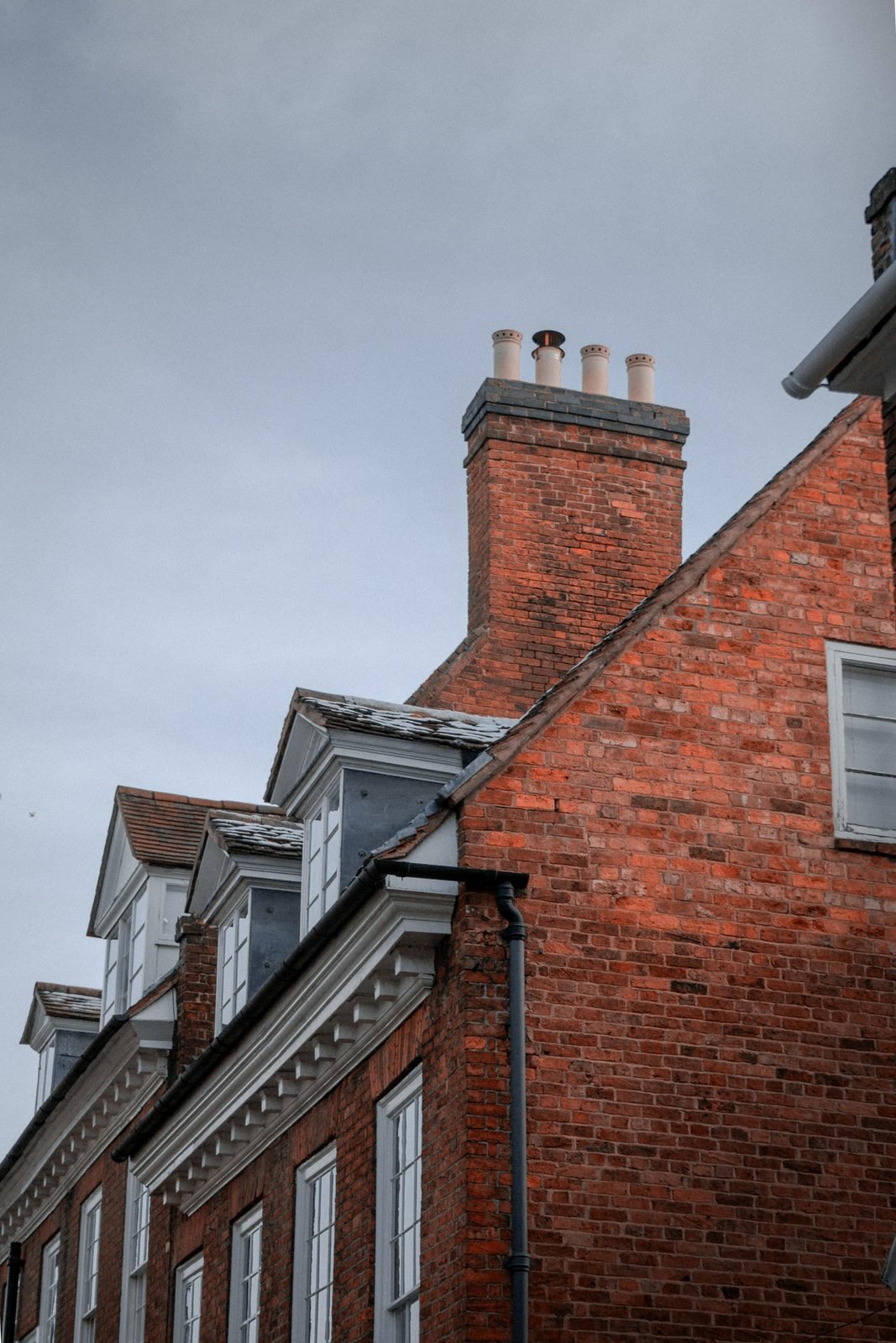 Terraced houses with guttering along the rooflines